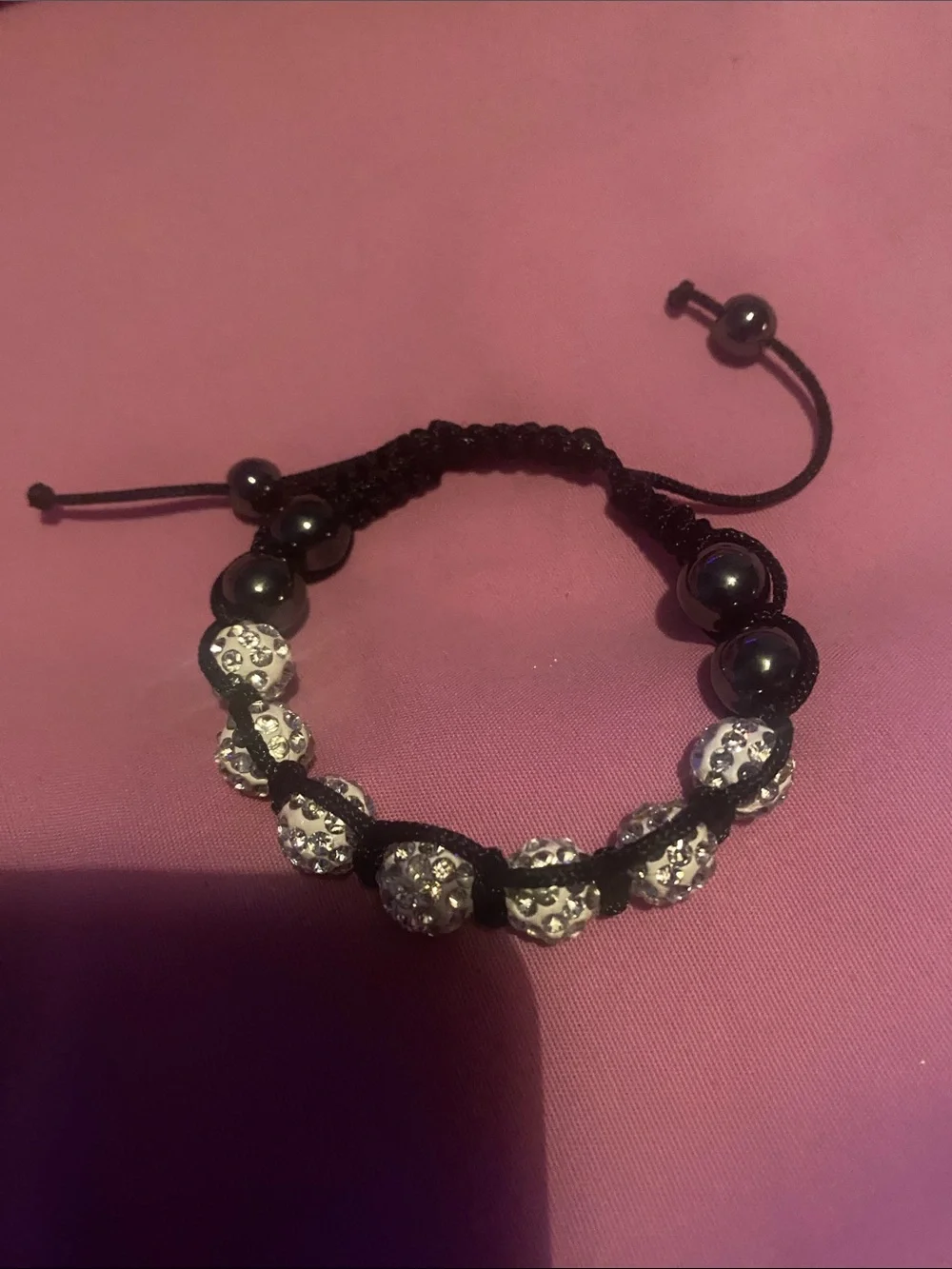 Black Cord Bracelet with Silver Crystal Beads